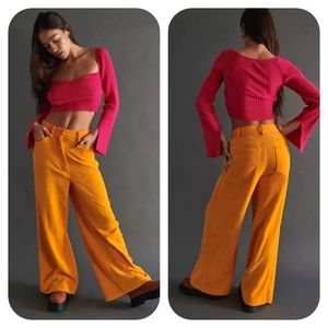Urban Outfitters Lena Chenille Velvet Wide Leg Pants Mustard Yellow Size 8
